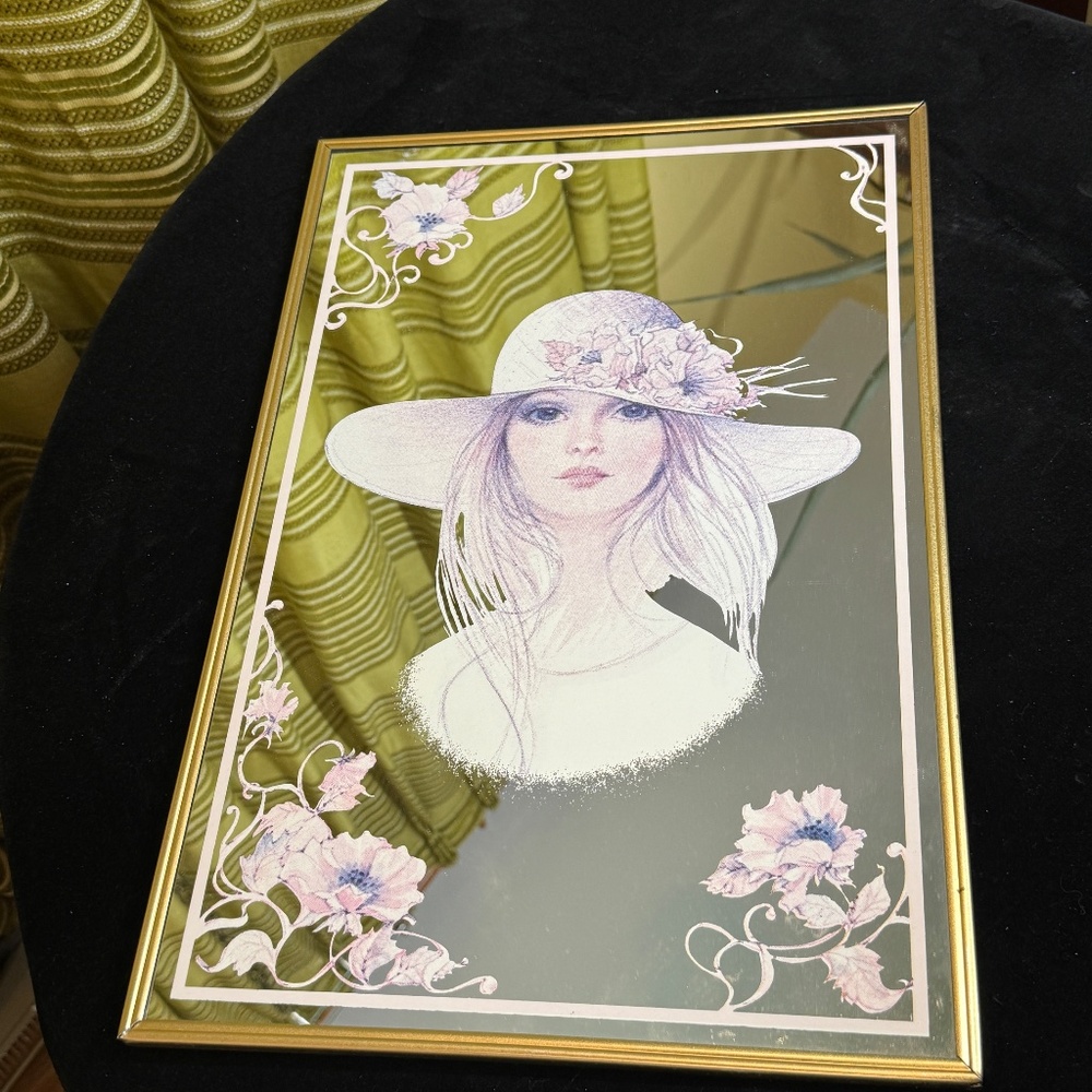 Vintage 80s mirror, Lady with hat, framed,  bedroom wall decor
